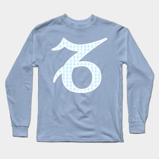 Capricorn Zodiac Horoscope Symbol in Pastel Blue and White Gingham Pattern Long Sleeve T-Shirt